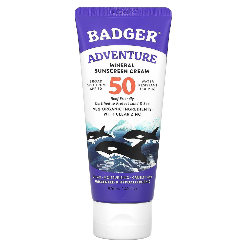 Badger, Adventure, солнцезащитный крем с минералами, SPF 50, без запаха, 87 мл (2,9 жидк. унции)