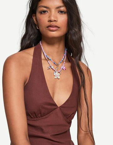 BERSHKA Ожерелье с цветочной подвеской, розовый