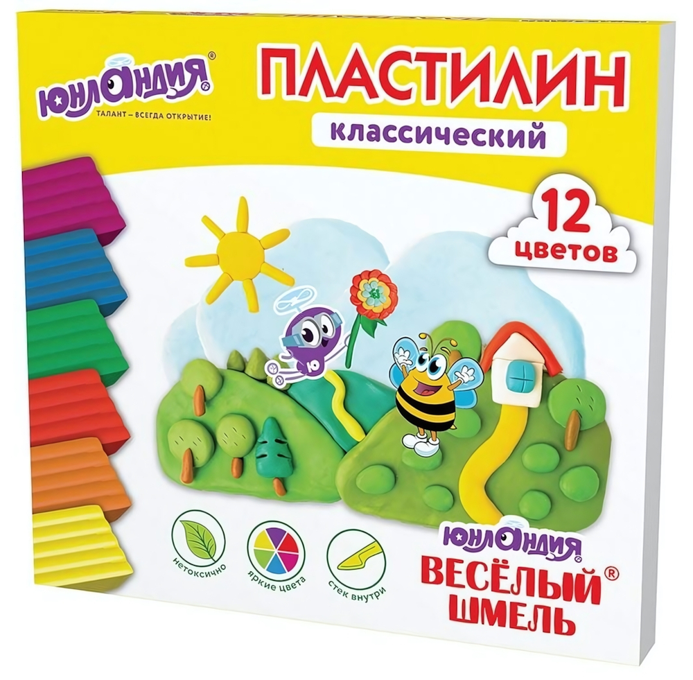 Пластилин классический 12 цветов 240г,со стеком "ВЕСЁЛЫЙ ШМЕЛЬ"(ЮНЛАНДИЯ)