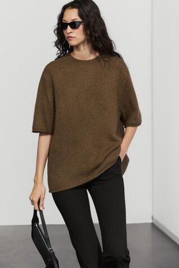 Massimo Dutti Трикотажный свитер оверсайз; короткие рукава, зеленоватый