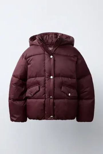 ZARA СТЕГАНАЯ КУРТКА WATER-REPELLENT С КАПЮШОНОМ, БУРГУНДИ