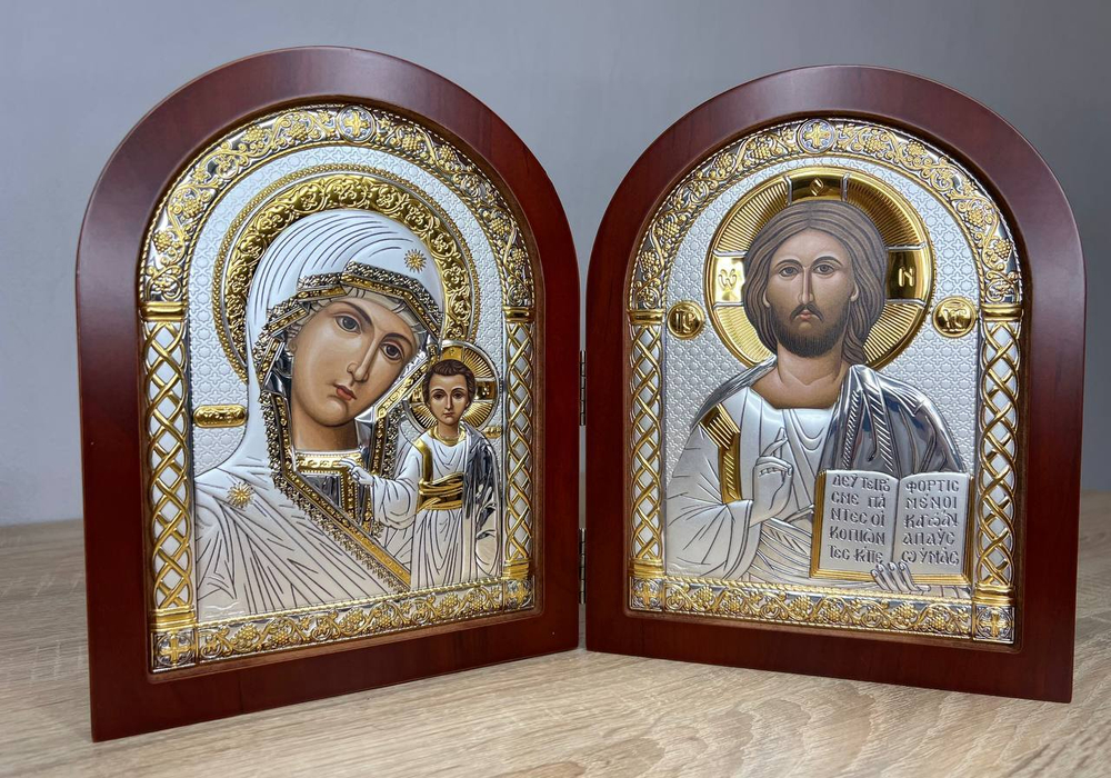Складень, Спаситель, Казанская БМ, икона арочная, красное дерево 200x300 — детальный вид