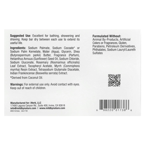 Mild By Nature, кусковое мыло с сырым маслом ши, с витамином E, розмарином, миррой и ладаном, 141 г (5 унций)