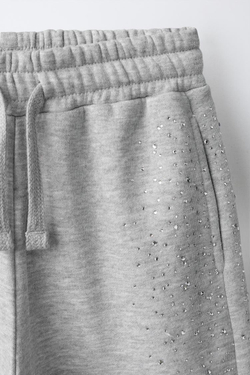 ZARA БРЮКИ WIDE LEG С ОТДЕЛКОЙ СТРАЗАМИ, СЕРЫЙ МЕЛАНЖ