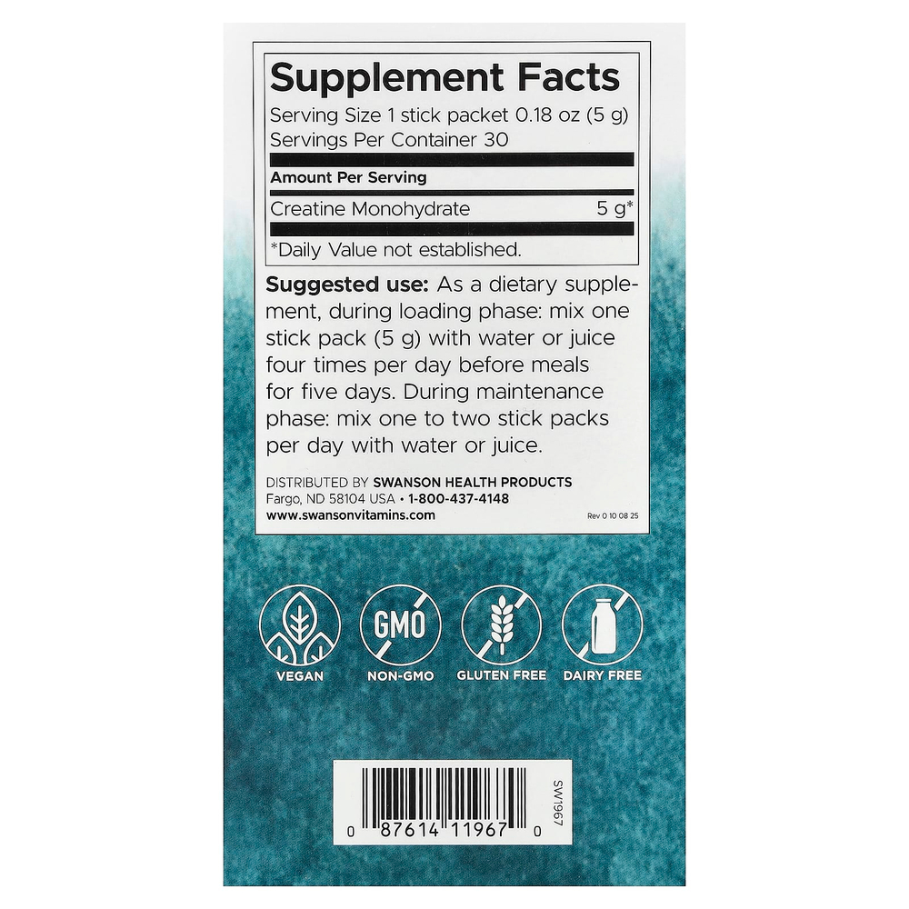 Swanson Vitamins, моногидрат креатина, без добавок, 30 стик-пакетов по 5 г (0,18 унции)