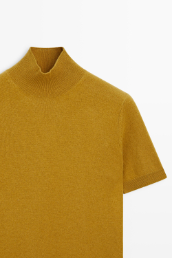 Massimo Dutti Вязаный свитер с короткими рукавами из смеси кашемира и шерсти, горчично-желтый