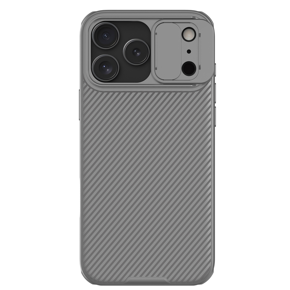 Чехол серого цвета (Titanium Gray) с двойной защитной шторкой для камеры от Nillkin на iPhone 17 Pro Max, серия CamShield Pro