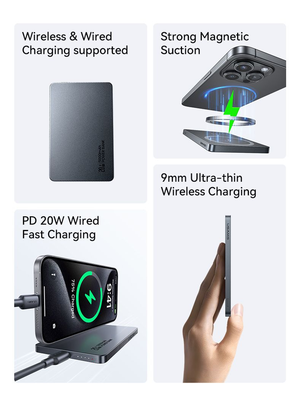Power Bank внешний аккумулятор повербанк магнитный беспроводной MagSafe USAMS 5000 мАч 20W(cd231)