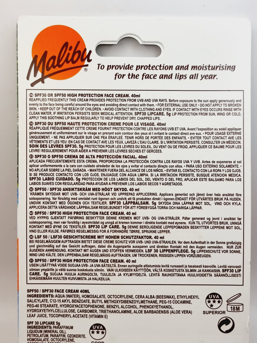 Набор Malibu Крем для лица Spf 50 (40 мл) и бальзам для губ Spf 30 (5 г), Великобритания