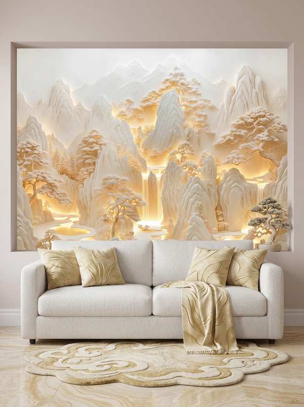 Фотообои флизелиновые на стену 3D в спальню, гостинную. Природа с золотым водопадом. Барельеф