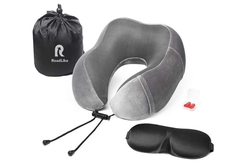 Подушка для путешествий RoadLike Travel Kit Velvet с эффектом памяти, серый