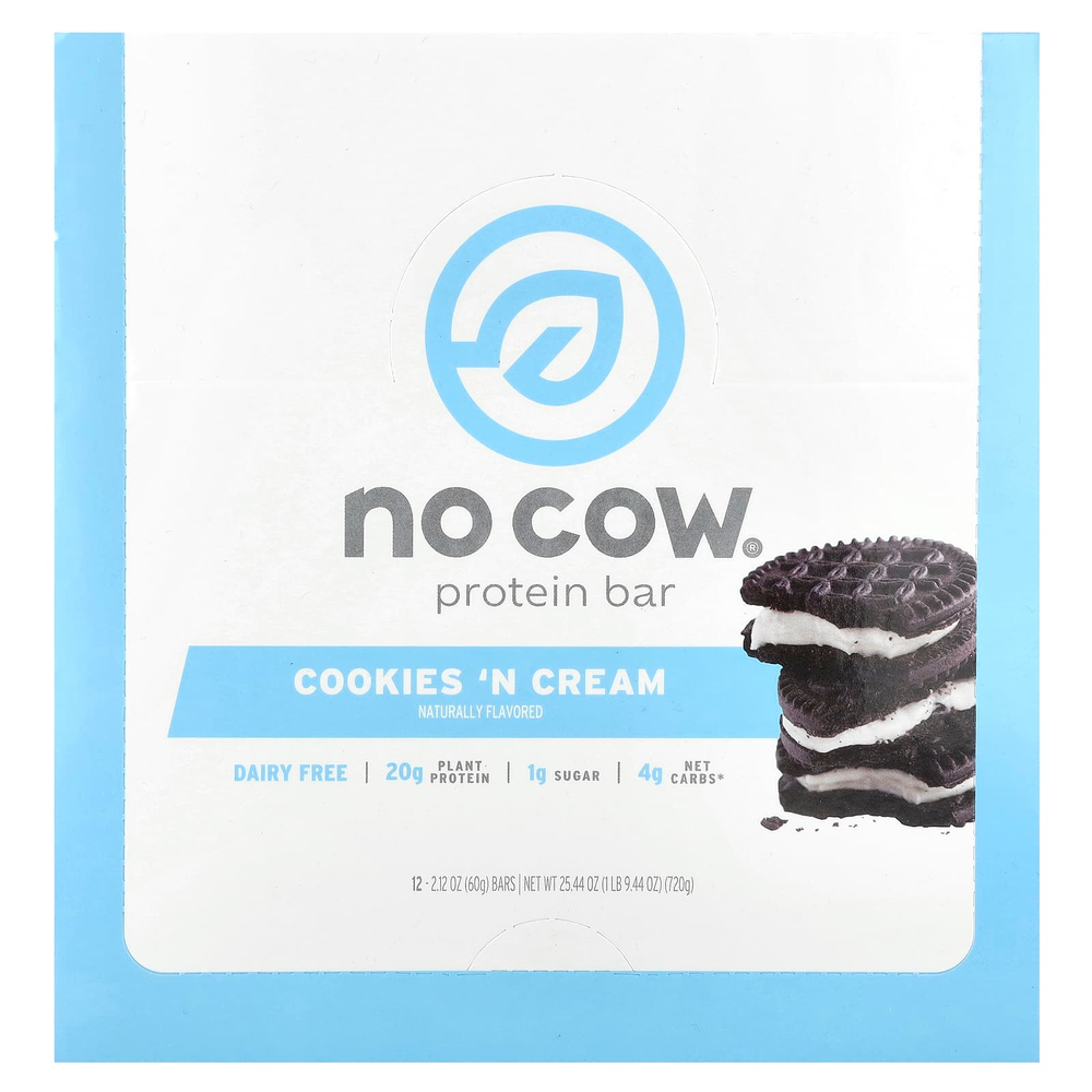 No Cow, протеиновый батончик, со вкусом печенья с кремом, 12 батончиков, 60 г (2,12 унции)