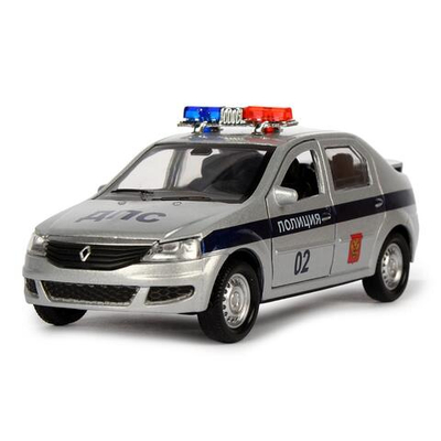 Модель ин. мет. "Renault Logan.Полиция" 12см, двери, баг, серебристый, коробка LOGAN-P (Технопарк)