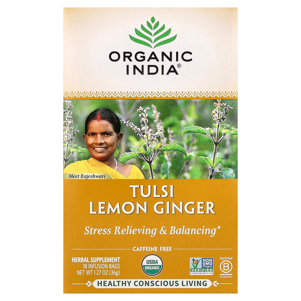 Organic India, чай тулси с лимоном и имбирем, без кофеина, 18 пакетиков для заваривания, 36 г (1,27 унции)