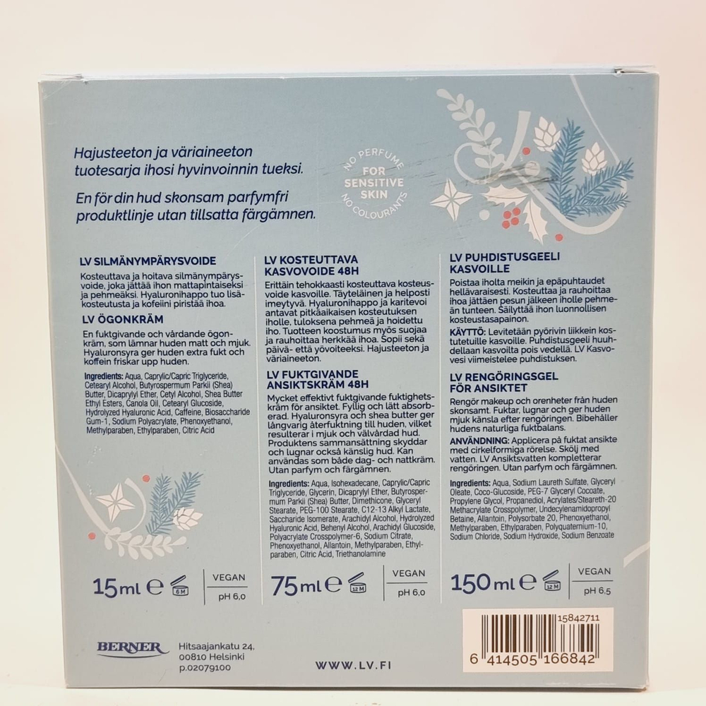 Набор LV для ухода за лицом "Face care kit" (крем для кожи вокруг глаз, увлажняющий крем для лица 48 ч, гель для умывания лица) 240 мл (из Финляндии)