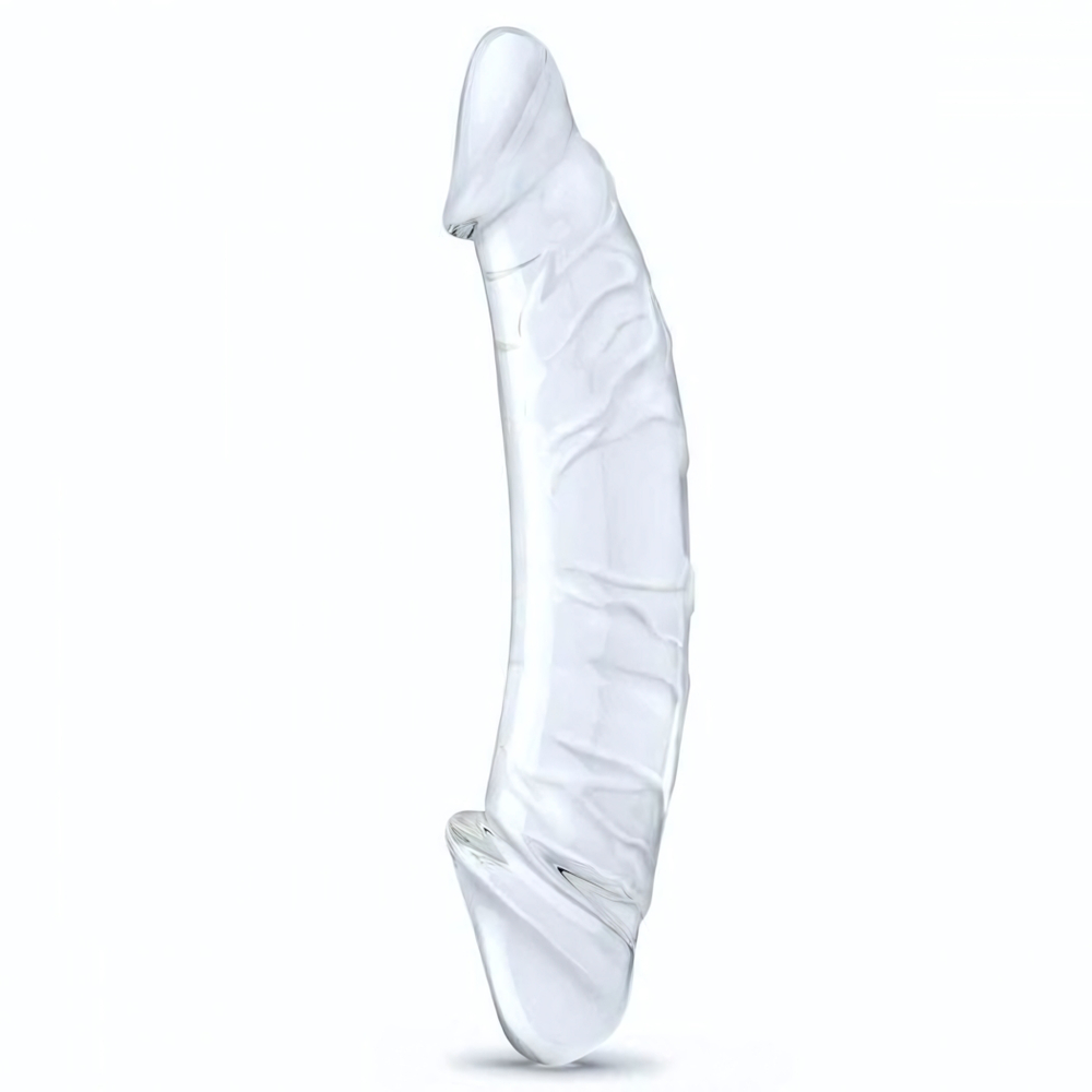 Прозрачный двухголовый стимулятор с рельефом 10,5 Girthy Realistic Glass Double Dong - 26,7 см. (Цвет: прозрачный)