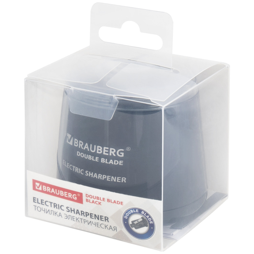 Точилка электрическая BRAUBERG DOUBLE BLADE BLACK, двойное лезвие, питание от 2 батареек АА, 271336