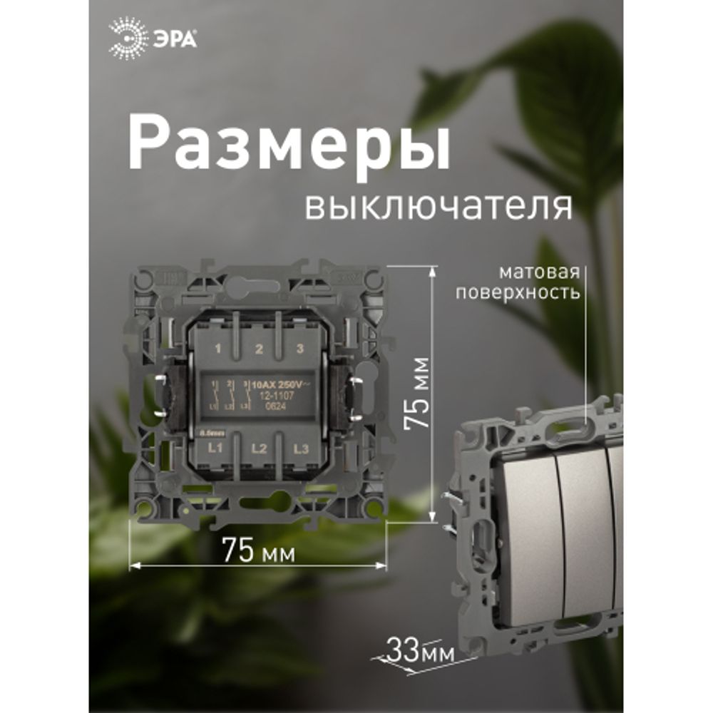 Выключатель ЭРА Серия 12 12-1107-16 тройной, 10АХ-250В, титан | Эра 12
