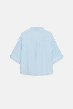ZARA УКОРОЧЕННАЯ РУБАШКА ИЗ СМЕСОВОГО ЛЬНА, НЕБЕСНО-ГОЛУБОЙ