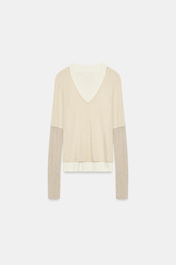 ZARA ФУТБОЛКА С ТРОЙНЫМИ ДЛИННЫМИ РУКАВАМИ, ЭКРЮ/БЕЖЕВЫЙ