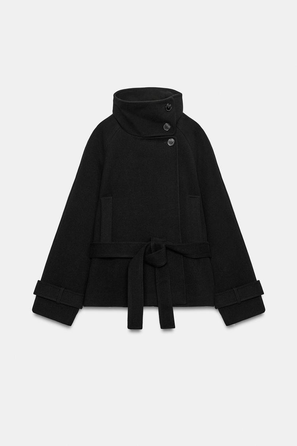 ZARA ПАЛЬТО С ВЫСОКИМ ВОРОТНИКОМ И ПОЯСОМ, ЧЕРНЫЙ