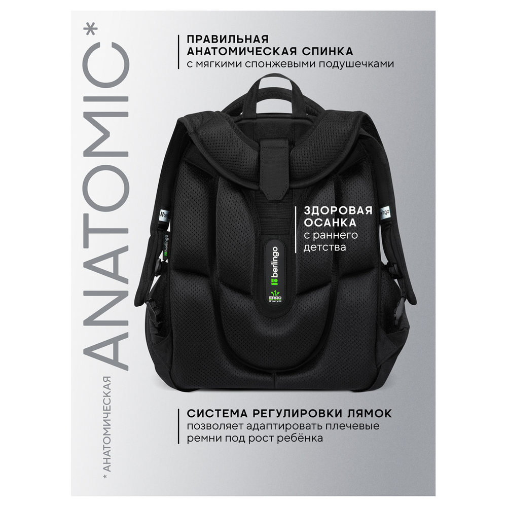 Ранец Berlingo Expert "Black" 37*28*16см, 2 отделения, 2 кармана, анатомическая спинка.