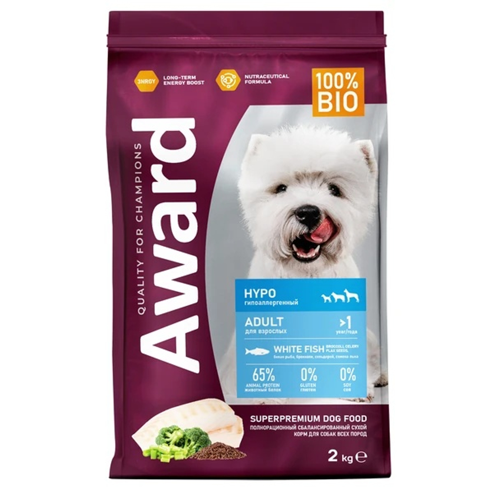 Award Dog All Breeds Hypo Белая рыба/Брокколи/Сельдерей/Семена льна для собак 2 кг