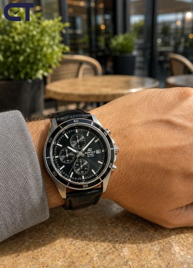CASIO EFR-526L-1AVUDF EDIFICE мужские наручные часы — кожаный хронограф с чёрным циферблатом
