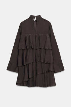 ZARA МИНИ-ПЛАТЬЕ С ВОЛАНАМИ, КОРИЧНЕВЫЙ
