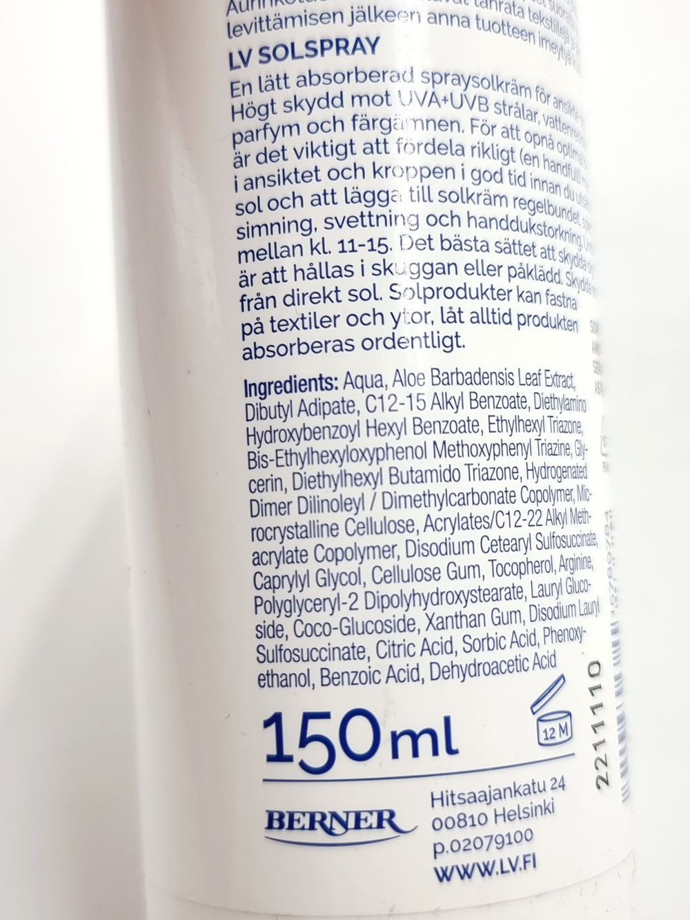 LV Солнцезащитный спрей SPF 30, без отдушки, для детей, 150 мл (Из Финляндии)