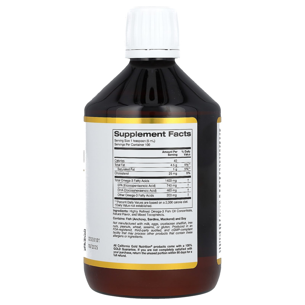 California Gold Nutrition, рыбий жир с омега-3, норвежский триглицерид, натуральный лимонный вкус, 500 мл (16,9 жидк. унции)