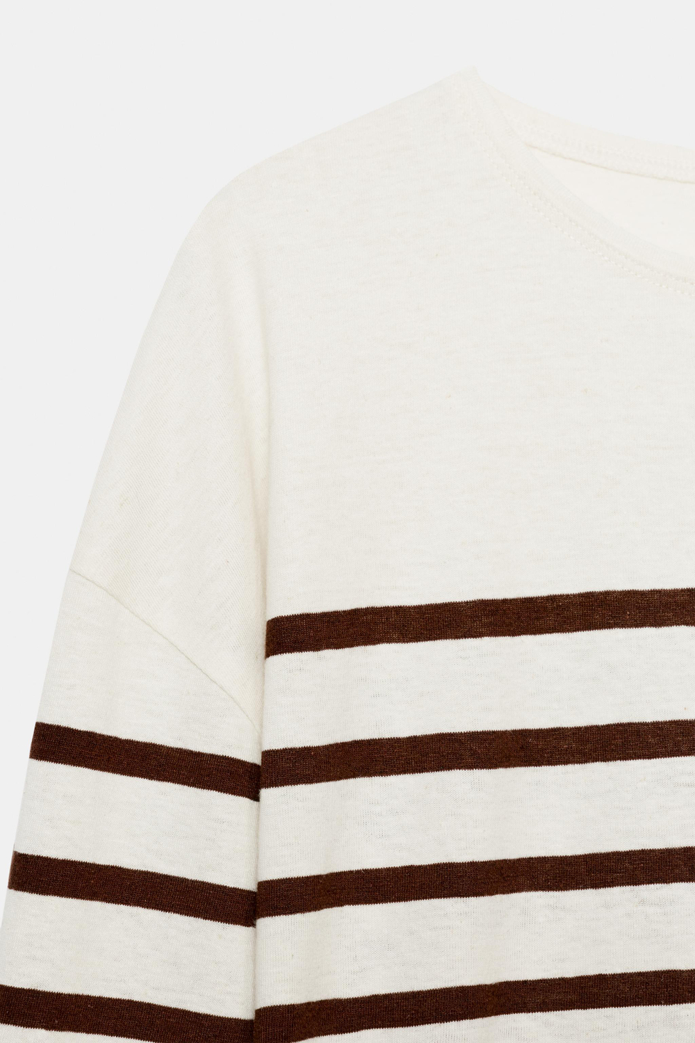 ZARA ХЛОПКОВАЯ ФУТБОЛКА В ПОЛОСКУ ИЗ ЛЬНА, ЭКРЮ/КОРИЧНЕВЫЙ