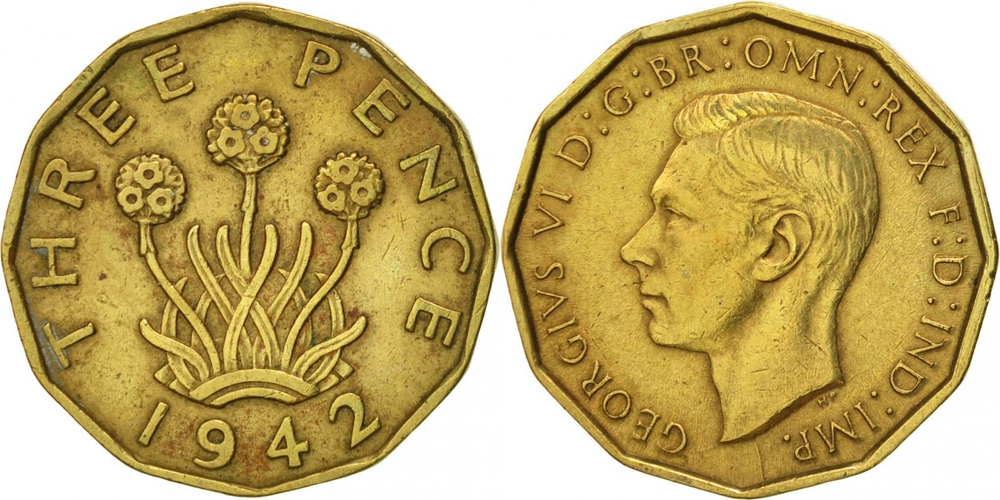 Великобритания 3 пенса, 1942 Король Георг VI XF