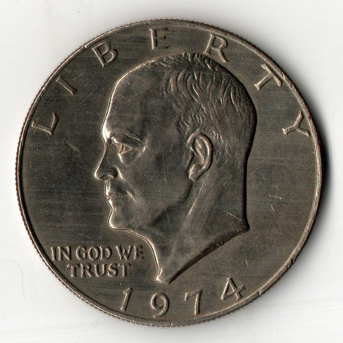 1 доллар 1974 год (без знака - Philadelphia). США. Эйзенхауэр. Медь с медно-никелевым покрытием, диаметр 38.1 мм.
