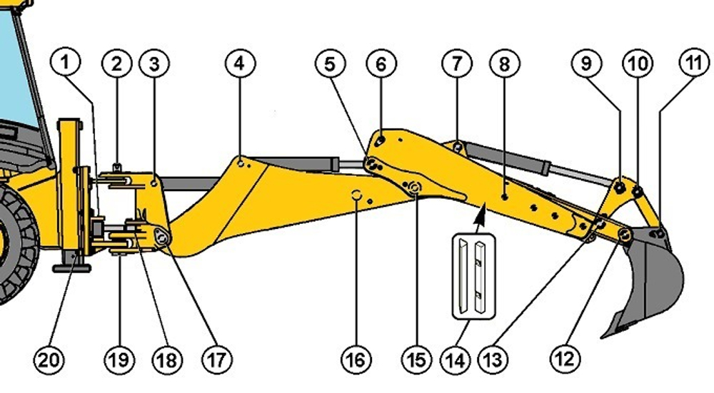 Схема заденй стрелы экскаватора погрузчика JCB