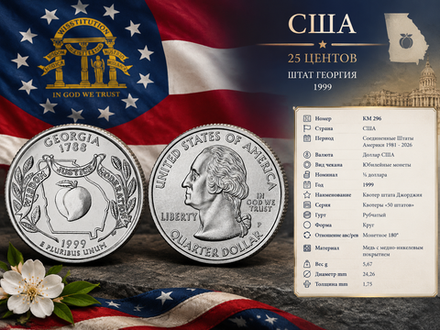 США 25 центов, 1999 D Штат Джорджия UNC