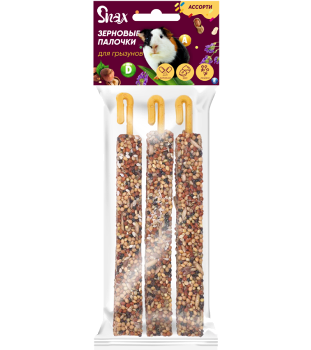 Зерновые палочки для грызунов Snax Plus Витамины и Минералы, Люцерна, Орех 75гр.