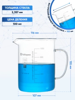 Стакан мерный с ручкой, стекло, 1000 мл, Лаборио