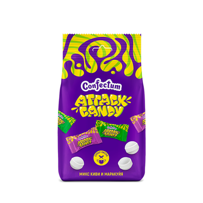 Кислая конфета «Confectum Attack candy» со вкусами киви и маракуйи, 50 гр х 12 шт