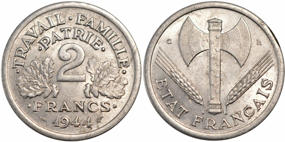Франция 2 франка, 1943 - 1944 Марианна XF