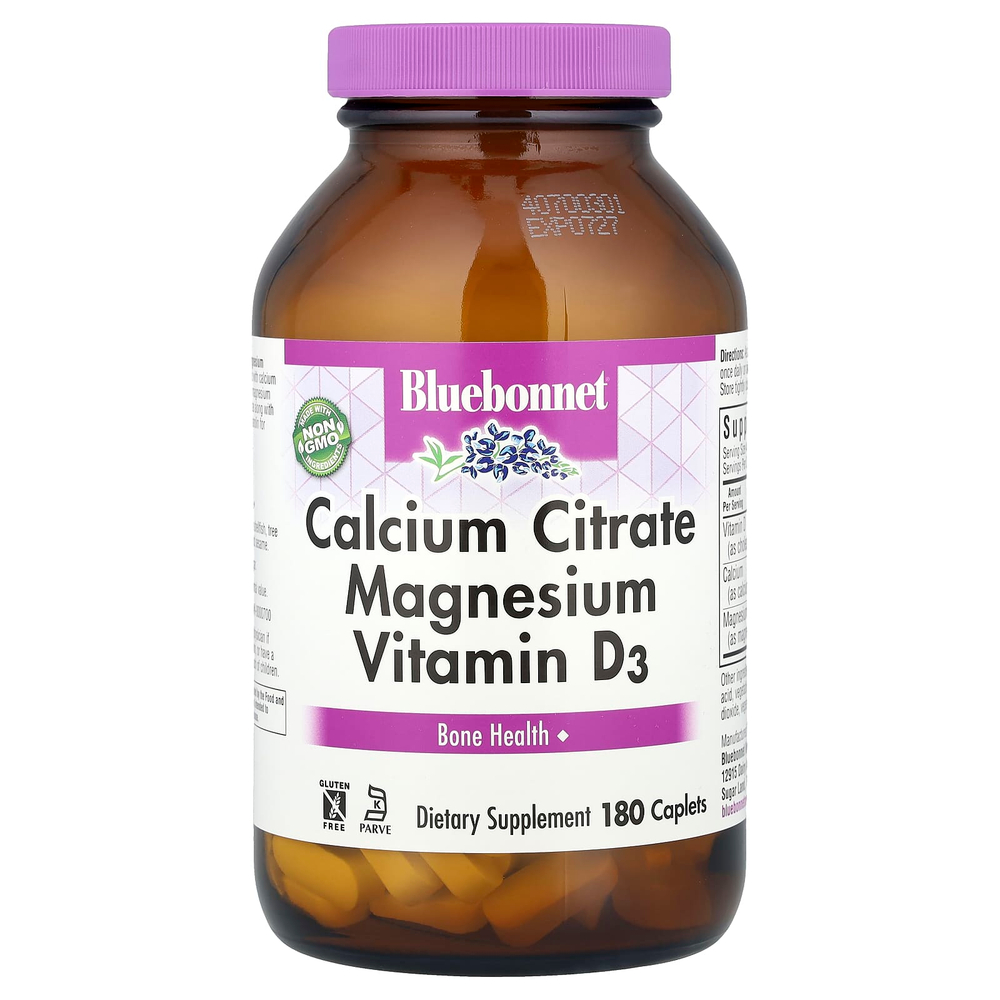 Bluebonnet Nutrition, цитрат кальция, магний и витамин D3, 180 капсуловидных таблеток