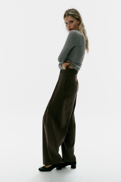 ZARA БРЮКИ BALLOON С ЗАЩИПАМИ, ЗЕЛЕНОВАТЫЙ