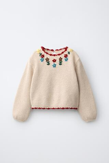 ZARA ДЖЕМПЕР С ЦВЕТОЧНОЙ ВЫШИВКОЙ, СВЕТЛО-БЕЖЕВЫЙ