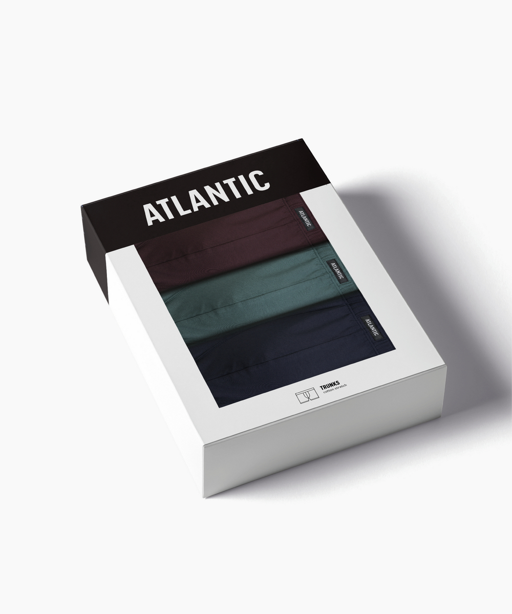 Мужские трусы шорты Atlantic, набор из 3 шт., хлопок, баклажановые + зелёный лес + темно-синие, 3MH-048