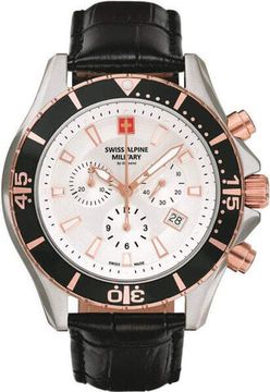 С ремешком Мужские наручные часы с черным кожаным ремешком Swiss Alpine Military 7040.9552 chronograph 44mm 10ATM