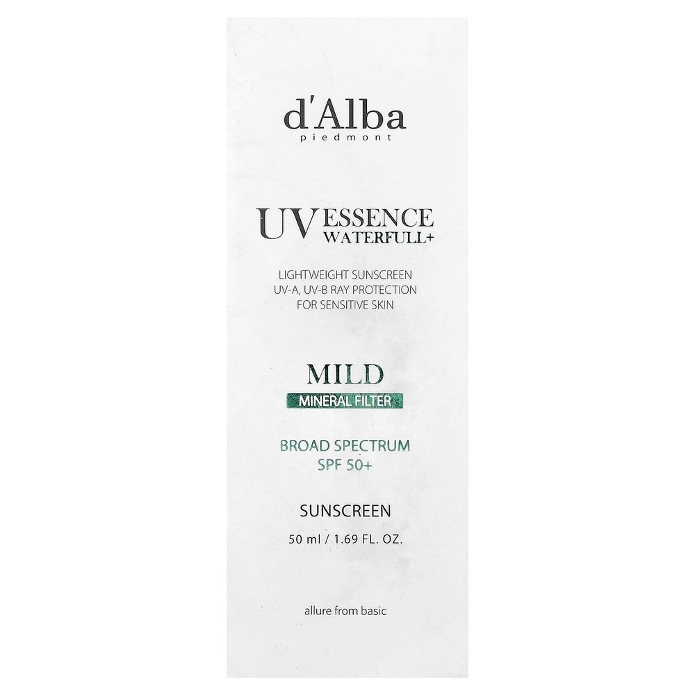 d'Alba, UV Essence Waterfull+, солнцезащитное средство на водной основе, бережное воздействие, SPF 50+, 50 мл (1,69 жидк. унции)