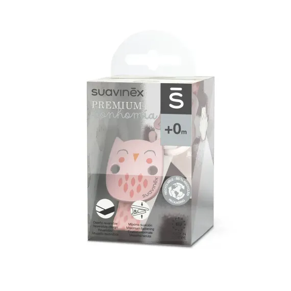Клипса с лентой Suavinex Owl для крепления соски-пустышки к одежде Розовая