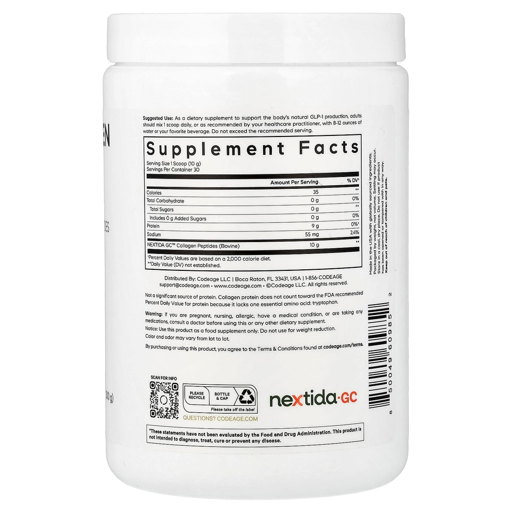 Codeage, Порошок из пептидов коллагена GLP-1, Trim & Glow®, без добавок, 300 г (10,58 унции)
