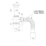 Сифон для умывальника бутылочный 1 1/2"x40 с гофрой 40х40/50 выпуск с нержавеющей решёткой Unicorn А120