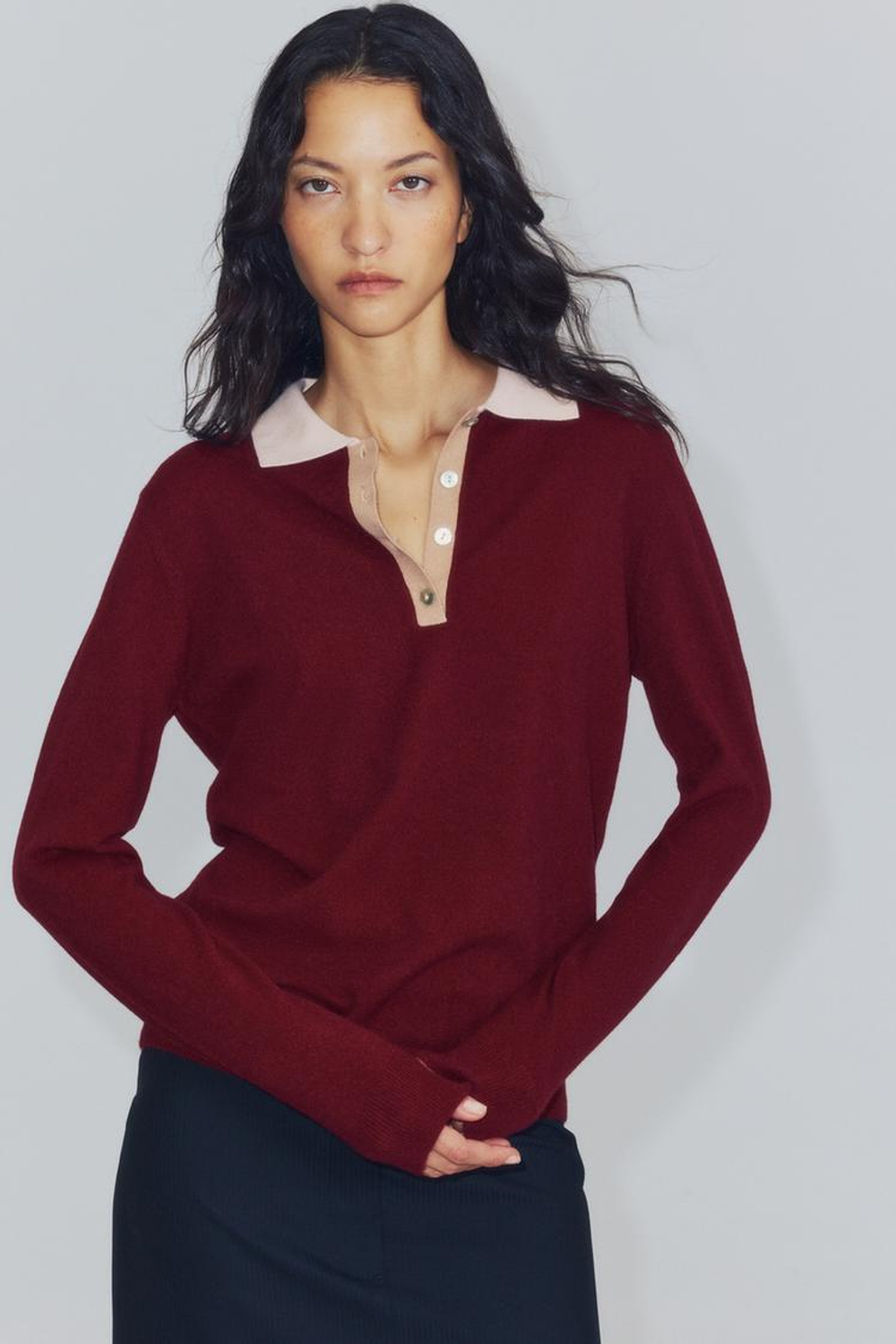 ZARA КОМБИНИРОВАННОЕ ТРИКОТАЖНОЕ ПОЛО, ГРАНАТОВЫЙ